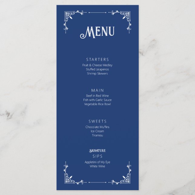 Carte de menu plat de fête d'anniversaire bleu vin (Devant)