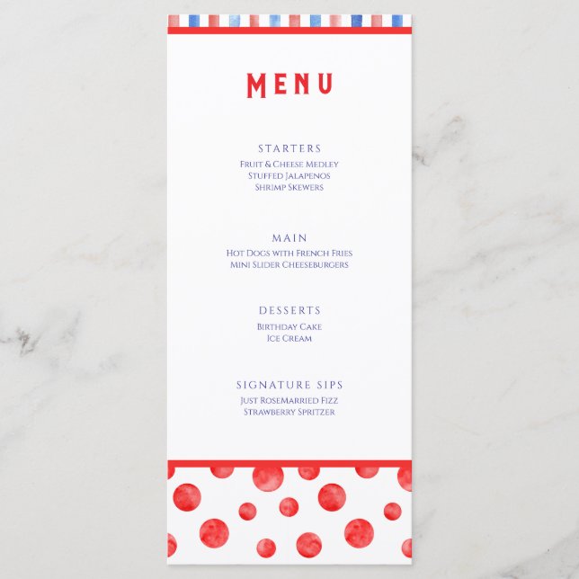 Carte de menu plat événement rouge bleu été fun (Devant)