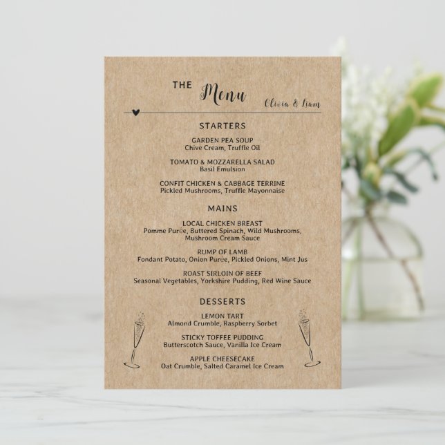 Carte de menu plat Rustique Mariage de table en pa (Debout devant)