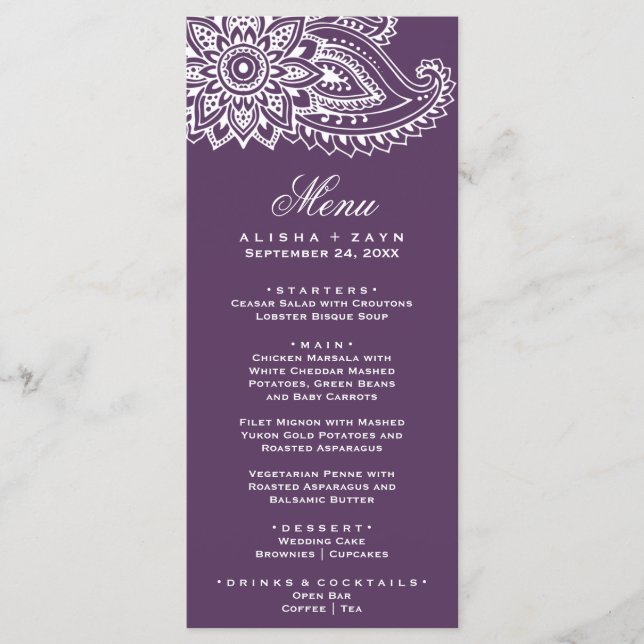 Carte de menu Plum Indian Paisley Dinner (Devant)