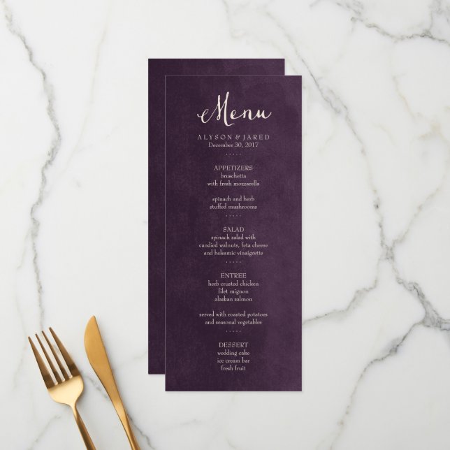 Carte de menu Plum Purple Mariage (Devant/Arrière en situation)