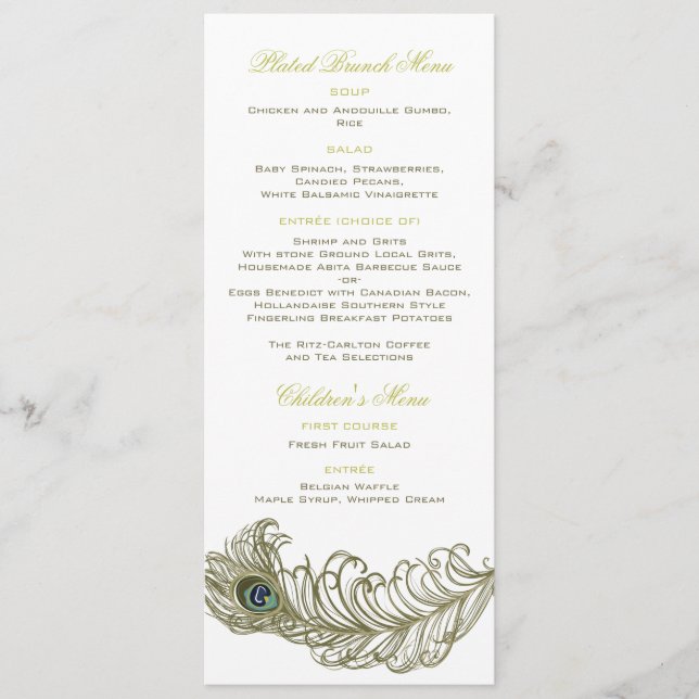 Carte de menu Plumes de paon Whimsical (Devant)