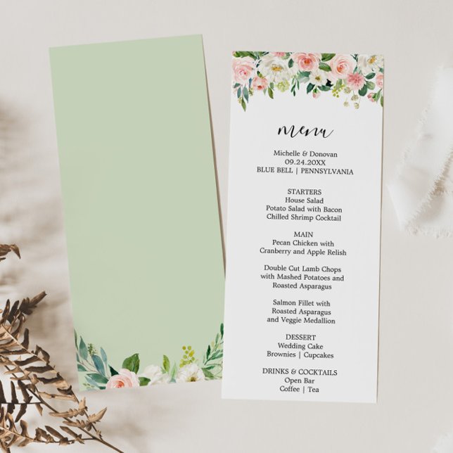 Carte de menu pour dîner vert et floral élégant (Créateur téléchargé)