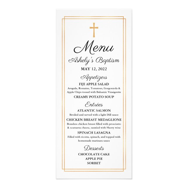 Carte de menu religieuse Gold Baptism (Devant)
