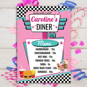 Carte de menu Retro Diner Rose et Turquoise des an