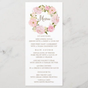 Carte de menu Romantic Blush Pink Peonies Wreath