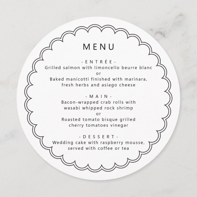 Carte de menu ronde moderne à bordure festonnée (Dos)