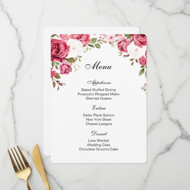 Carte de menu rose (Devant/Arrière en situation)