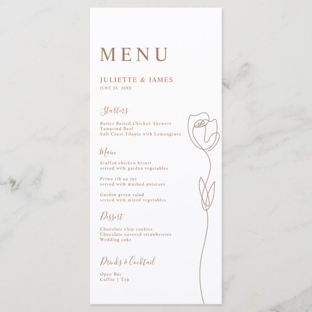 Carte de menu Rose de ligne Whimsical (Devant)