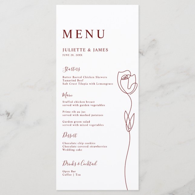 Carte de menu Rose de ligne Whimsical (Devant)