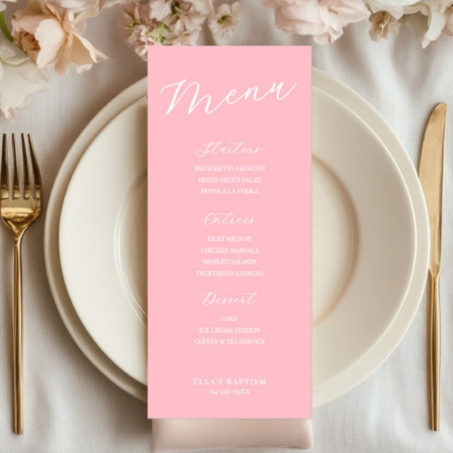 Carte de menu rose pâle minimaliste simple (pink menu sign, wedding menu, bridal shower, baptism decor, simple minimalist, elegant reception)