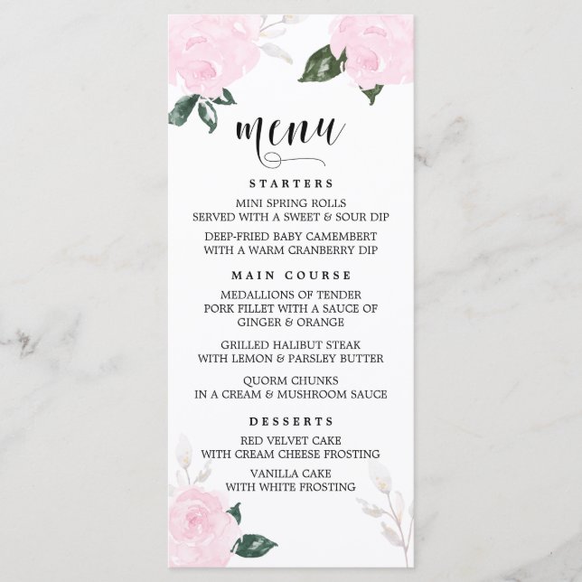 Carte de menu Roses d'aquarelle rose sucrée II (Devant)
