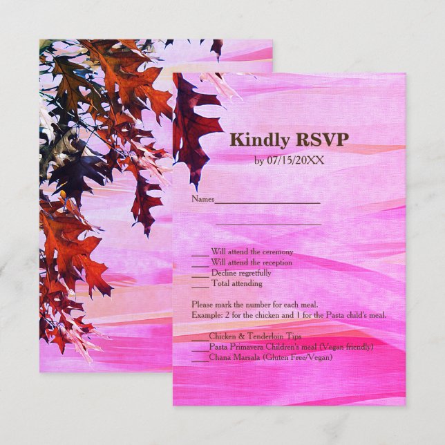 Carte de menu RSVP à feuilles d'automne rose (Devant / Derrière)