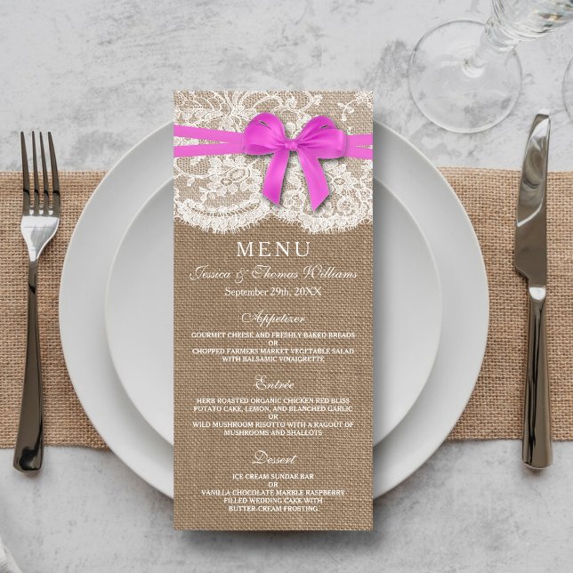 Carte de menu Rustic Pink Bow Mariage Collection (Créateur téléchargé)