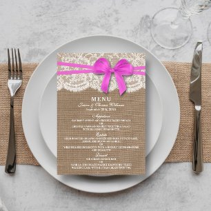 Carte de menu Rustic Pink Bow Mariage Collection