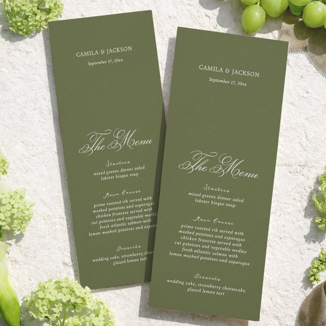 Carte de menu simple vert olive pour mariage (Créateur téléchargé)