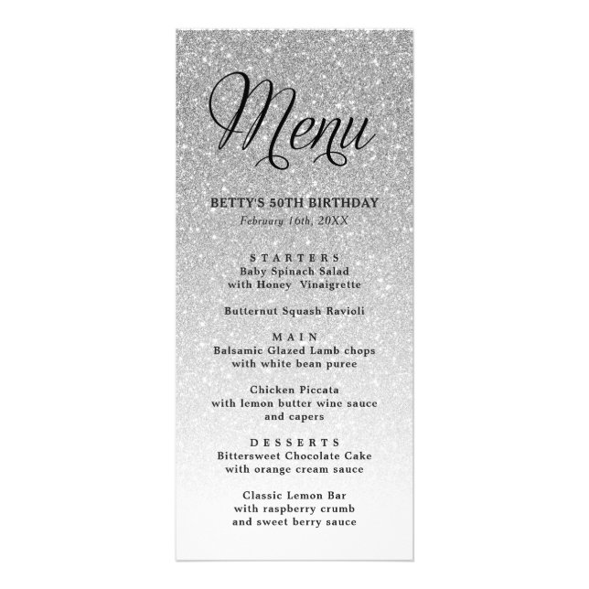 Carte de menu Tall Parties scintillant Argent (Devant)