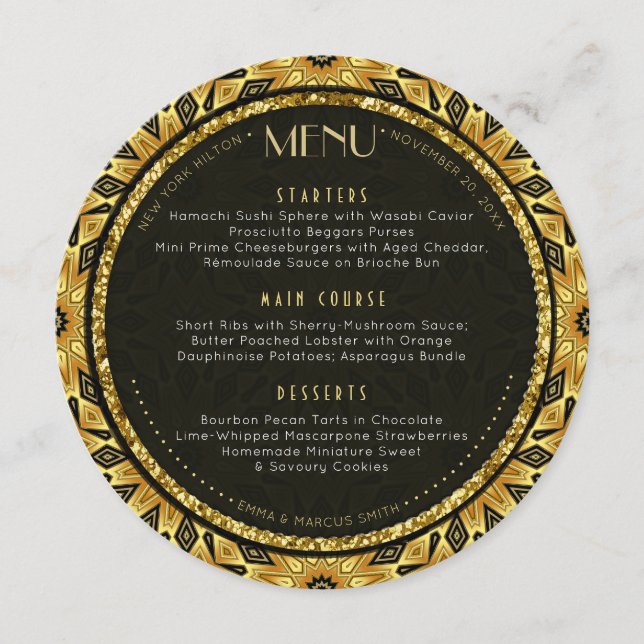 Carte de menu V1 Tribal Deco Gold Round Mariage (Devant)