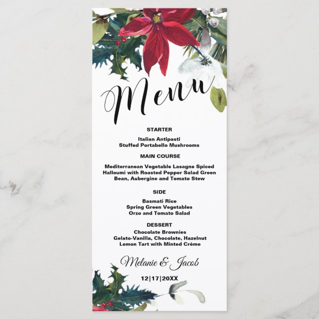 Carte de menu Watercolor Christmas Poinsettia 4x9 (Devant)