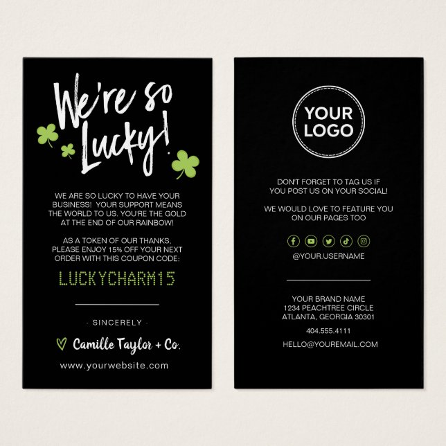Carte de Merci et de code de remise St. Patrick's  (Devant & derrière)