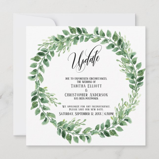 Carte de mise à jour Mariage reportée verte Wreath (Devant)