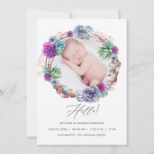 Carte de naissance avec photo de succulentes du dé