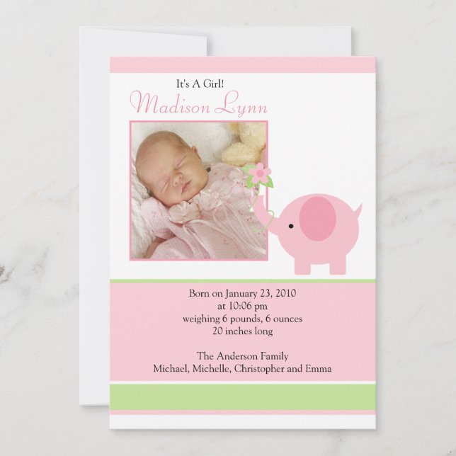 Carte de naissance bébé fille éléphant rose (Devant)
