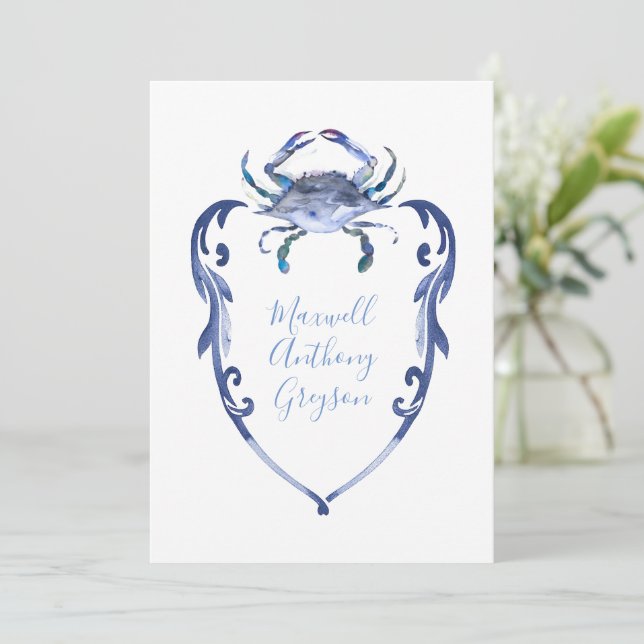 Carte de naissance personnalisée Crabe bleu pour b (Debout devant)