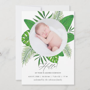 Carte de naissance photo avec feuilles tropicales