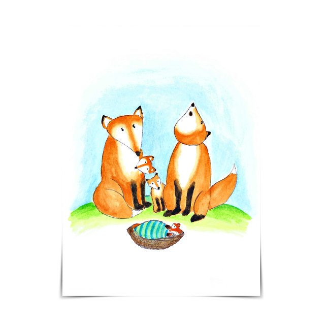 Carte de naissance pour l'adoption de bébé par la  (A fox family welcomes a new baby into their family.)