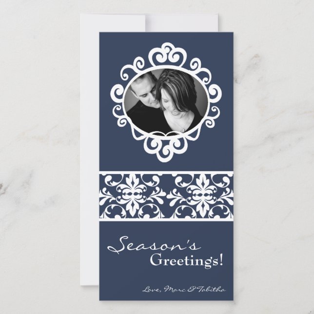 Carte de Noël 4x8 Blanc Bleu Damas Cadre photo (Devant)