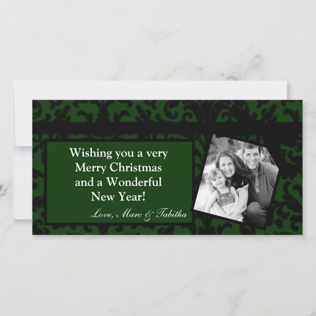 Carte de Noël 4x8 Green Damask Ribbon Frame (Devant)