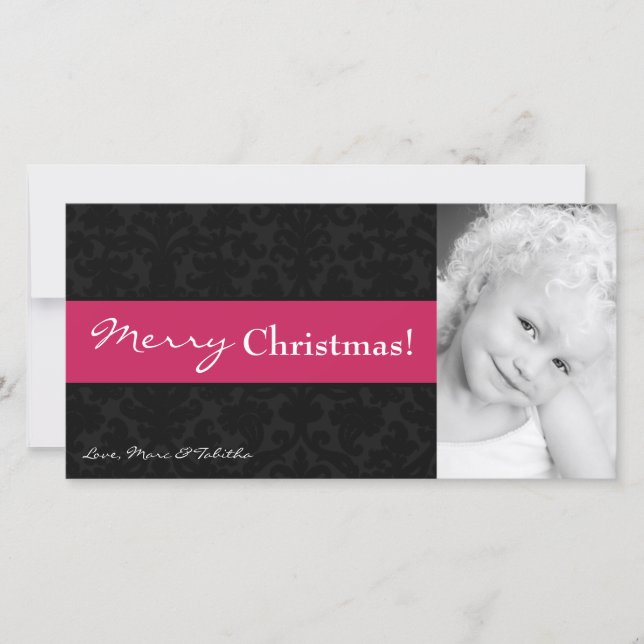 Carte de Noël 4x8 noir rose Damas cadre photo (Devant)