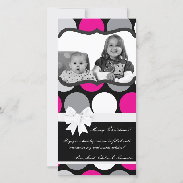 Carte de Noël 4x8 rose chaud noir Polka point phot (Devant)