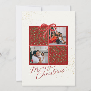 Carte de Noël à 2 photos avec houx, boules et nœud