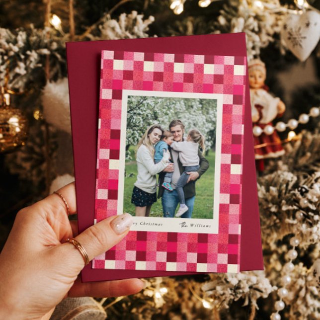 Carte de Noël à cadre à carreaux étincelant rouge (Créateur téléchargé)