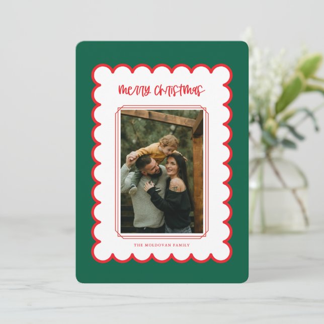 Carte de Noël à cadre de pétoncle rouge et blanc (Debout devant)