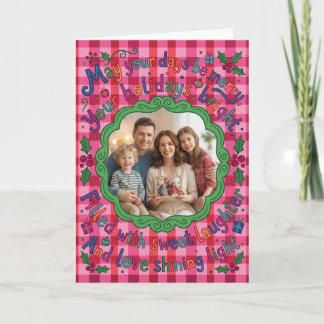 Carte de Noël à festons Photo Gingham Rouge Rose