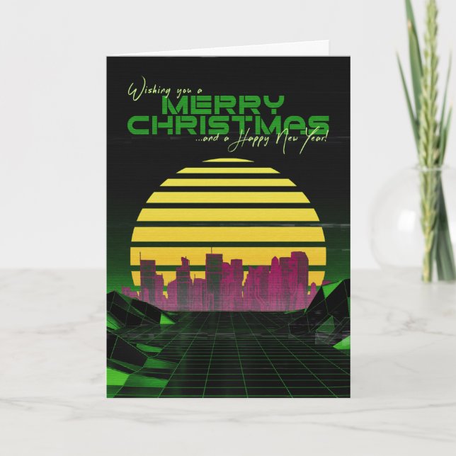 Carte de Noël à la synthwave verte (Devant)