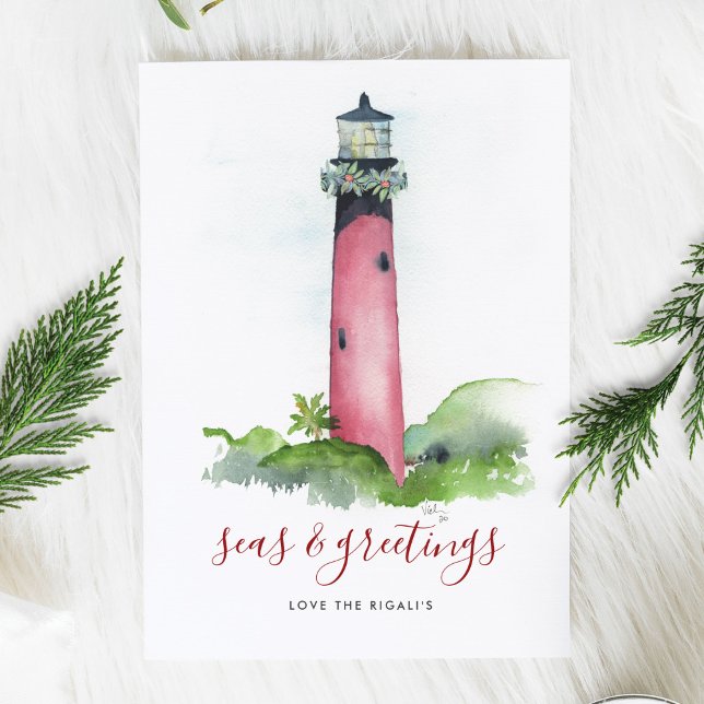 Carte de Noël à l'aquarelle avec un phare sur la p (Christmas Card Beach Watercolor Lighthouse )