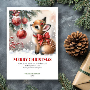 Carte de Noël à l'aquarelle de faon d'hiver magiqu