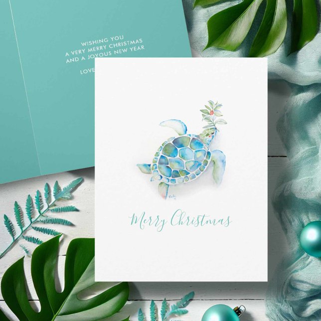 Carte de Noël à l'aquarelle de tortue marine de la (Coastal Christmas cards turquoise watercolor sea turtle art by Victoria Grigaliunas Do Tell A Belle)