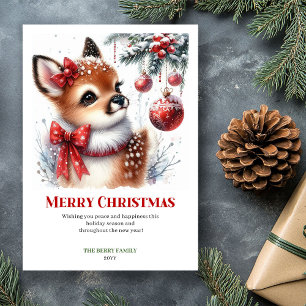 Carte de Noël à l'aquarelle Faon de la forêt chic 