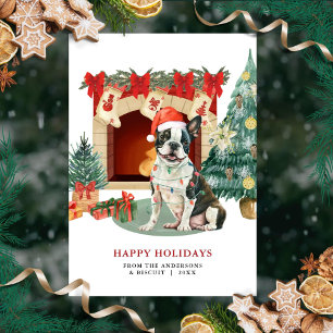 Carte de Noël à l'aquarelle pour Boston Terrier