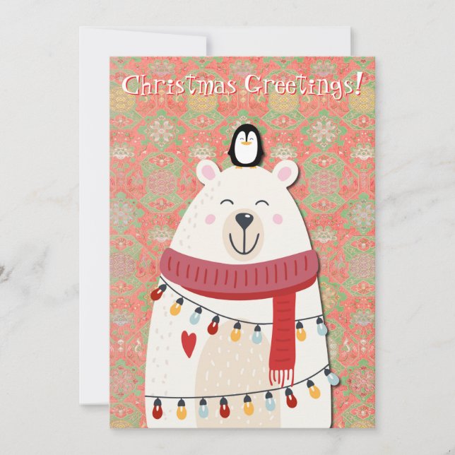 Carte de Noël à l'ours polaire et au pingouin rétr (Devant)