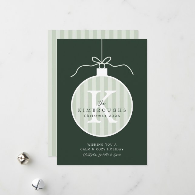 Carte de Noël à monogramme rayé personnalisé (Devant/Arrière en situation)