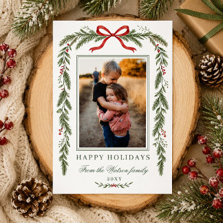 Carte de Noël à motif botanique hivernal avec noeu
