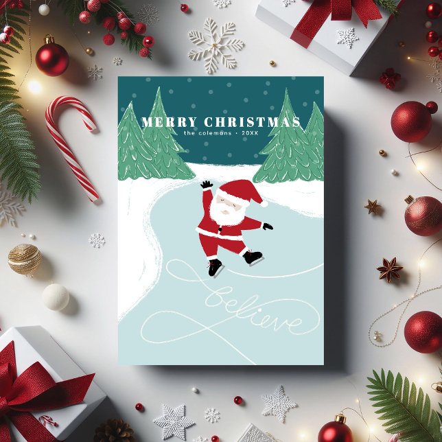 Carte de Noël à patins à glace non-photo (Flat Christmas card with Santa ice-skating on a lake. Illustrated by Clearlytangled Studio.)