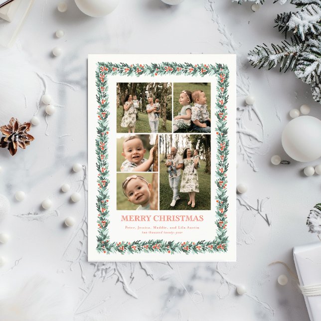 Carte de Noël à photo multiple Watercolor (A multiphoto holiday card featuring a hand painted border of pine boughs and winter greenery)