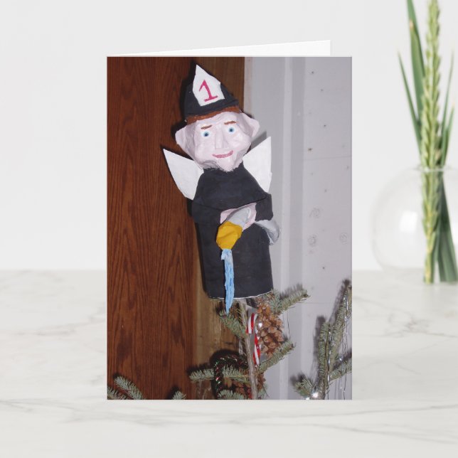 Carte de Noël "Ange pompier sur arbre" (Devant)